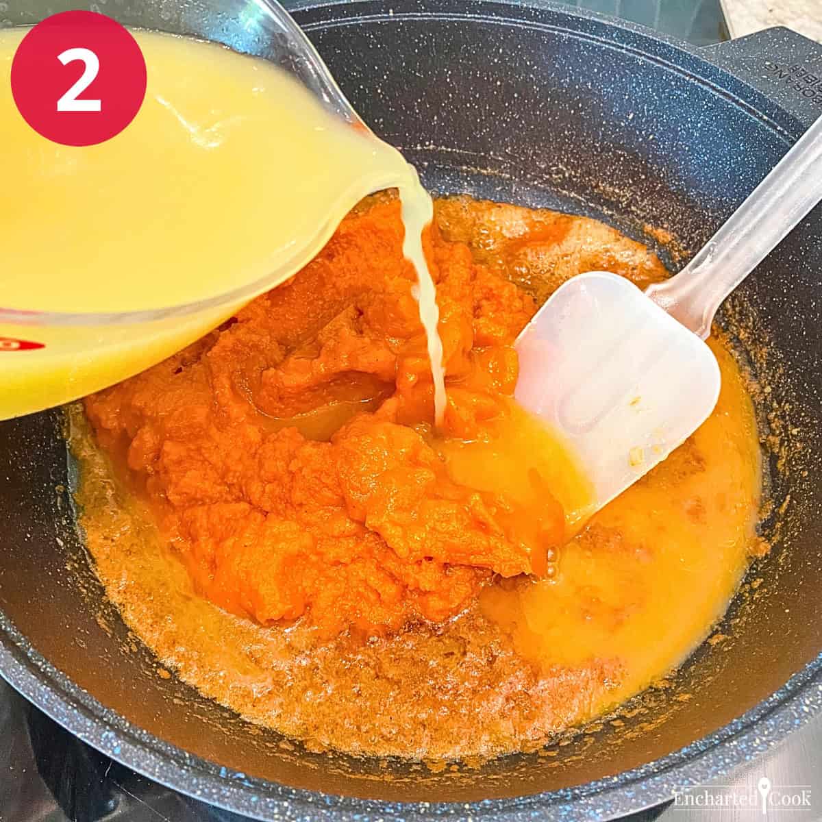 Process Photo 2 - Canned pumpkin and chicken broth are added to the sautéed onion and spices.