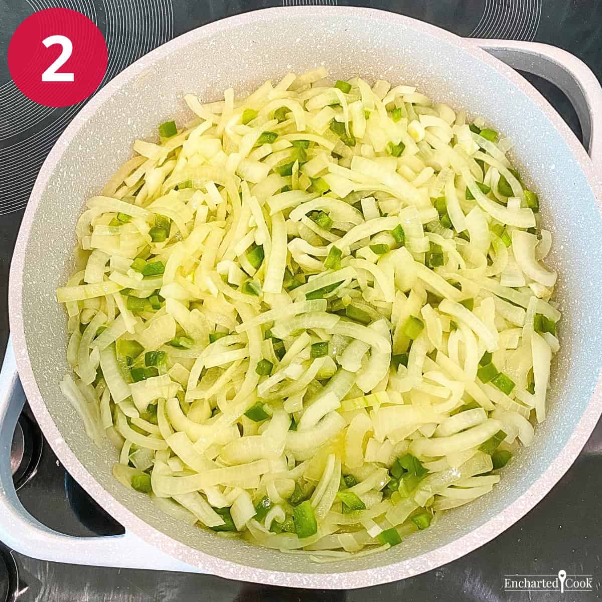 Process Photo 2 - Sauté onions and bell pepper until translucent and tender.